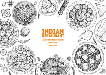 Indian food illustration. Hand drawn sketch. Indian cuisine. Doodle collection. Vector illustration. Menu background. Engraved style.