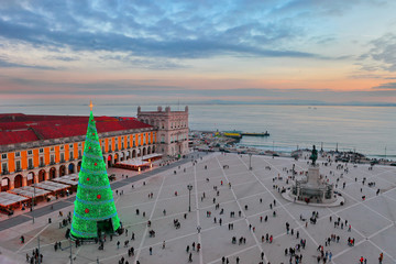 Lisbon, Portugal, a view of the Praca do Comercio (Commerce Square) at sunset on christmas time