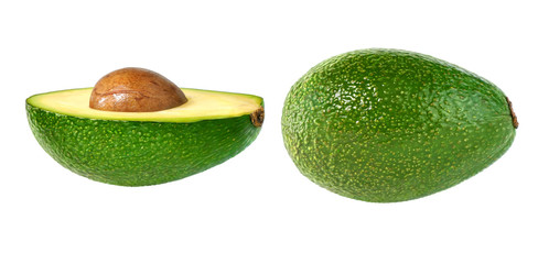 High quality avocado isolated on white. One whole avocado and one half with a bone.