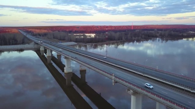 Aerial shot. Highway M7 "Volga" Moscow - Ufa, Russia (E 22). Bridge over river