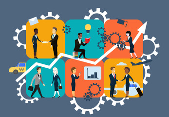 Business profit and financial growth. Set of six business part. Teamwork concept illustration. Idea of working together. Successful strategy. Vector flat illustration in cartoon style.
