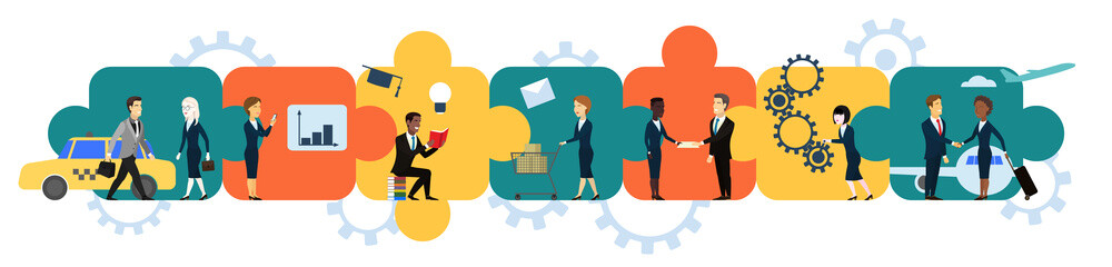 Business concept. Team metaphor. People connecting puzzle elements. Vector illustration flat design style. Symbol of teamwork, cooperation, partnership