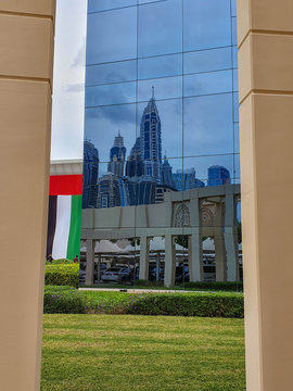 DUBAI, UAE - NOVEMBER 2019: Tecom distric with its fantastic skyscrapers, green parks and cozy cafes.