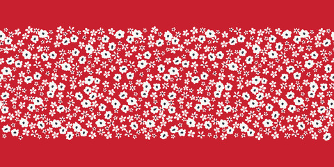 Monochrome White Ditsy Allover Graphic Daisies Blooms on Red Background Vector Seamless Pattern Horizontal Border