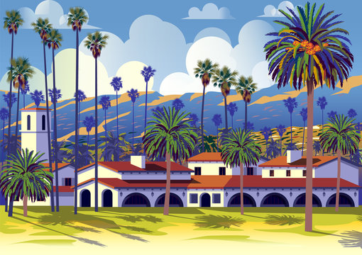 Californian cityscape with palm trees, houses and mountains in the background.