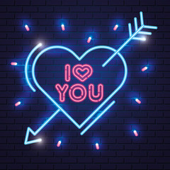 i love you lettering of neon light vector illustration design