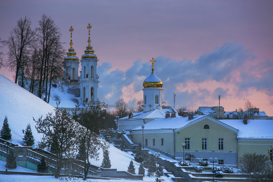 Winter Vitebsk, the historic city center at sunset on a beautiful frosty day
