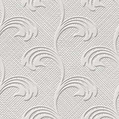 Swirls pattern on carved grunge background seamless texture, patchwork pattern, white color, 3d illustration - obrazy, fototapety, plakaty