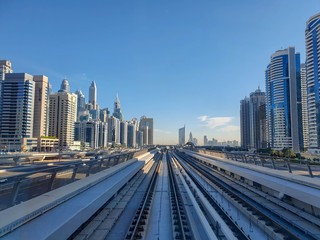 DUBAI, UAE - NOVEMBER 2019: Metro window view on Dubai Marina.