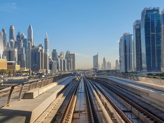 DUBAI, UAE - NOVEMBER 2019: Metro window view on Dubai Marina.