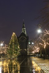 Glasgow Cathedral and Cathedral Square, Glasgow, by night during Christmastime.