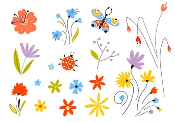 Rolgordijnen Set of vector multicolored spring flowers. Decorative easter elements in a flat style. Leaves of branches and plants. Floral elements. © nadia1992