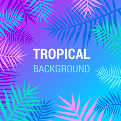 Fototapeta na wymiar Neon tropical fluid background with jungle plants. Vector exotic square banner with tropic palm leaves frame. Poster with copy space. Trendy fluid style and neon colors. Summer sale, ad design.