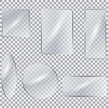 Glass blank banners. Rectangle circle glass texture window plastic clear labels with reflection acrylic shiny panels vector 3d set