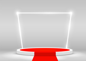 Stage Podium Scene for Award Ceremony illuminated with spotlight and red carpet. Award ceremony concept. Stage backdrop.