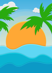 Nature summer background with sea, sky and sun. Design for template, cover, card.