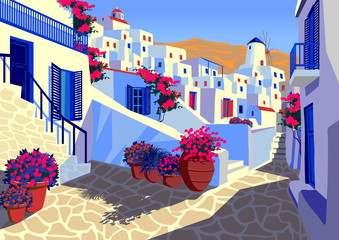 Summer cityscape with traditional houses on Mykonos island, Greece.