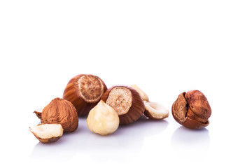 Hazelnut nut group many horizontal isolated on white background 