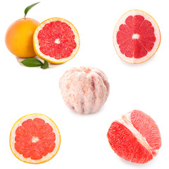 Collage with fresh juicy grapefruits on white background