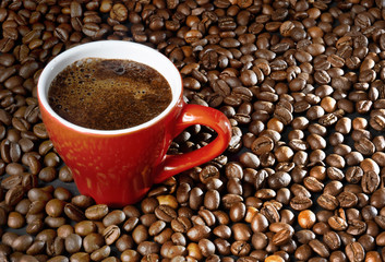 red cup with coffee on coffee beans