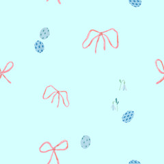 Easter eggs seamless pattern. Mint Easter banner background. Paschal bunny. Holidays herbal decoration. Easter celebration blush flowers. Gift wrap wallpaper. Blossom spring decorative floral art.