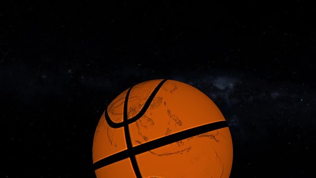 Basketball world concept. Space view intro background with orange ball rotating in space, milky way stars in background.