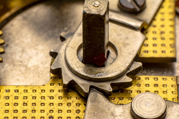 Vintage watch machine macro detail. Close up of old clock.