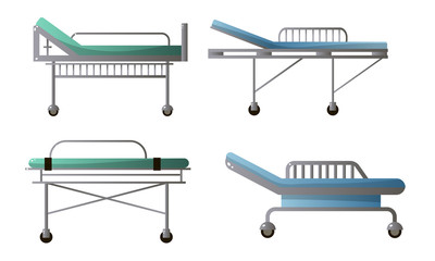 Set of four adjustable hospital metal beds on wheels. Vector illustration in flat cartoon style.