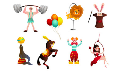 Set of different funny circus elements, people, animals, and decorations. Vector set illustration in flat cartoon style