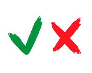 Check and wrong icons set of check marks. Tick and cross brush signs. Green checkmark OK and red X icons, isolated on white background.