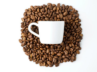 Roasted coffee beans isolated on white background.