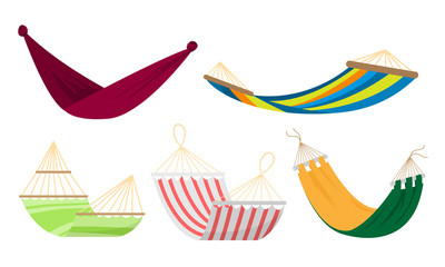 Set of various types of colorful rope hammocks. Vector set illustration in flat cartoon style.