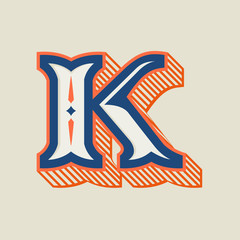 K letter logo in vintage western style with striped shadow.