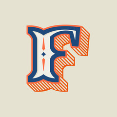 F letter logo in vintage western style with striped shadow.