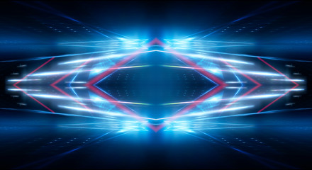 Dark abstract futuristic neon blue background. Neon lines glow. Neon lines, shapes. Multi-colored glow, blurry lights. Empty stage background.
