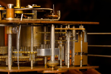 Vintage watch machine macro detail. Close up of old clock.