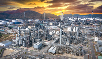 Aerial view of oil refinery plant,Industry Petrochemical at sunset,Thailand