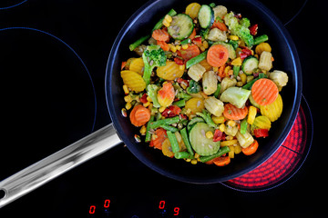 Vegetables in a pan- Preparing food.