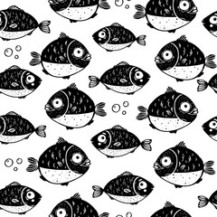 Cute fish seamless pattern. Black and white pattern. Design template. Cute background. Hand drawn vector illustration.