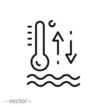 liquid temperature measurement icon, control temp water or oil, sensor or thermometer sign, thin line symbol on white background - editable stroke vector illustration eps10