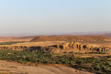 View at the oasis/valley from the UNESCO World Heritage Kasbah Ait Ben Haddou near the Atlas Mountains, Ouarzazat, Ouarzazate Province, Souss-Massa-Draa region, Morocco, Africa