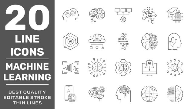 Line icons set of AI machine learning and data science technology. Modern linear pictogram concept. Premium quality outline symbols collection. Editable Stroke. EPS 10