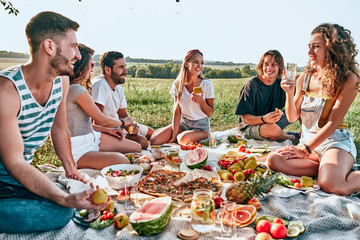 Group of young attractive friends having a picnic - obrazy, fototapety, plakaty