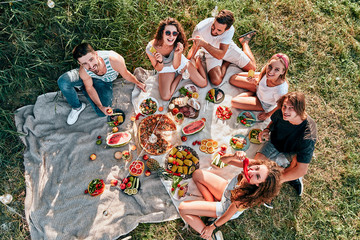 Young people enjoying picnic in park on summer day - obrazy, fototapety, plakaty