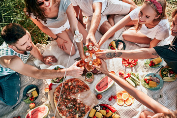 Happy friends cheering with beers at a picnic in nature. Young people having fun drinking and...