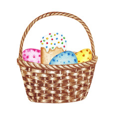 Basket with Easter eggs and Easter cake. Watercolor illustration isolated on white background.
