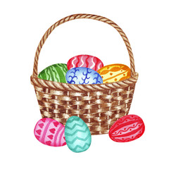 basket with Easter eggs. Watercolor illustration isolated on white background.