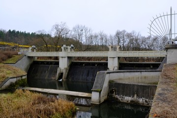 Fototapeta na wymiar Dam at Lapino Hydroelectric Power Station on the Radunia River and flowing swan. Lapino, Kaszuby, Poland