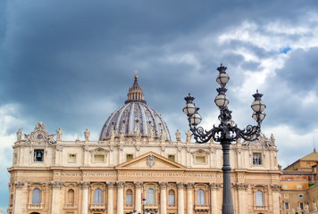 Vatican City - May 30, 2019 - St. Peter's Basilica and St. Peter's Square located in Vatican City near Rome, Italy.
