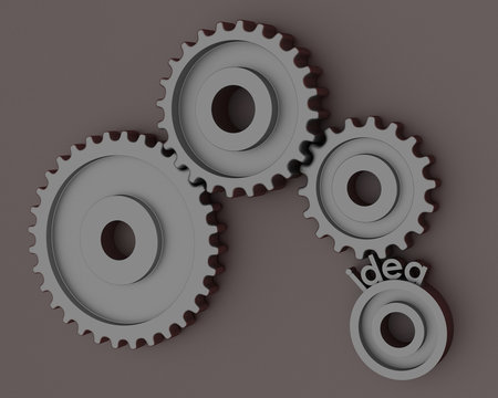 Black gears and cogs working together on dark background; concept of mechanism moved by an idea; perspective view 3d rendering, 3d illustration